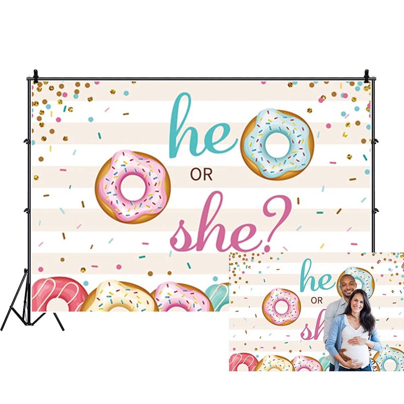 Renaiss 5x3ft Donut Gender Reveal Backdrop He or She Blue or Pink Colorful Donuts Sprinkles Confetti Stripe Sweet Desserts Photography Background for Baby Shower Party Decor Photo Studio Props - Image 1